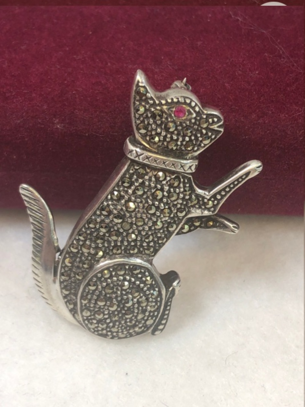 Vintage Sterling Silver and Marcasite Cat Brooch